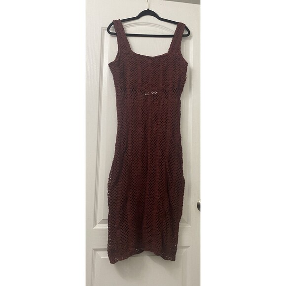 Lucy Paris Women's Size L Mia Crochet Brown Square Neck Midi Dress NEW - Picture 7 of 8
